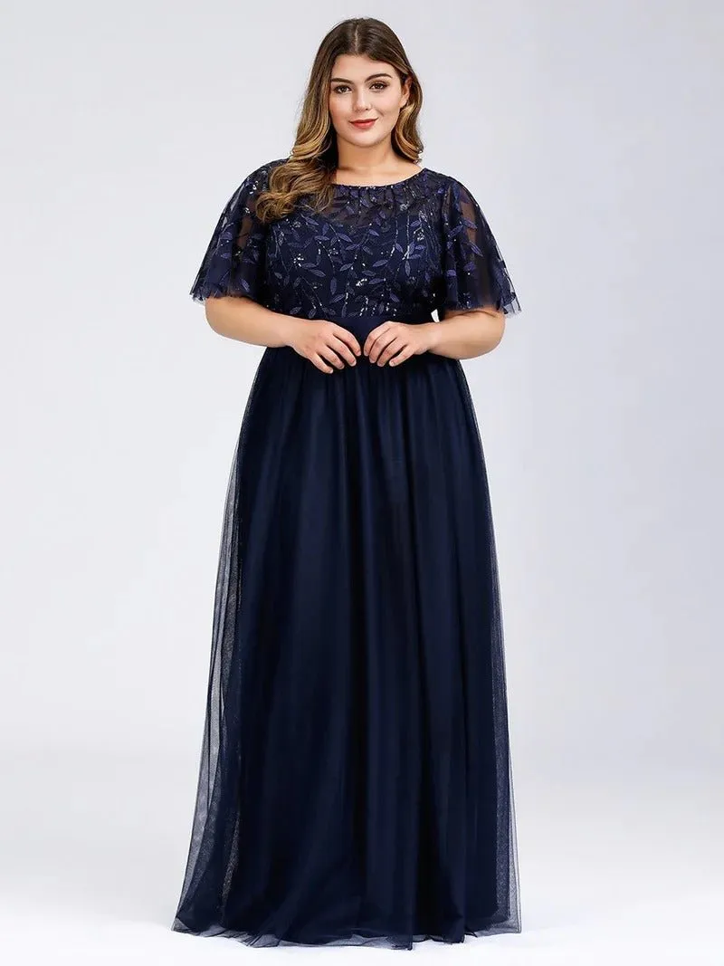 Sequin Print Plus Size Evening Dresses with Cap Sleeve