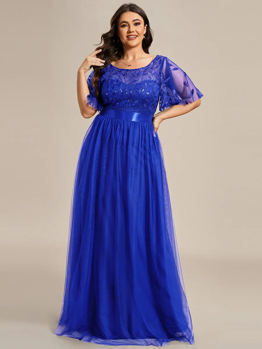 Sequin Print Plus Size Evening Dresses with Cap Sleeve