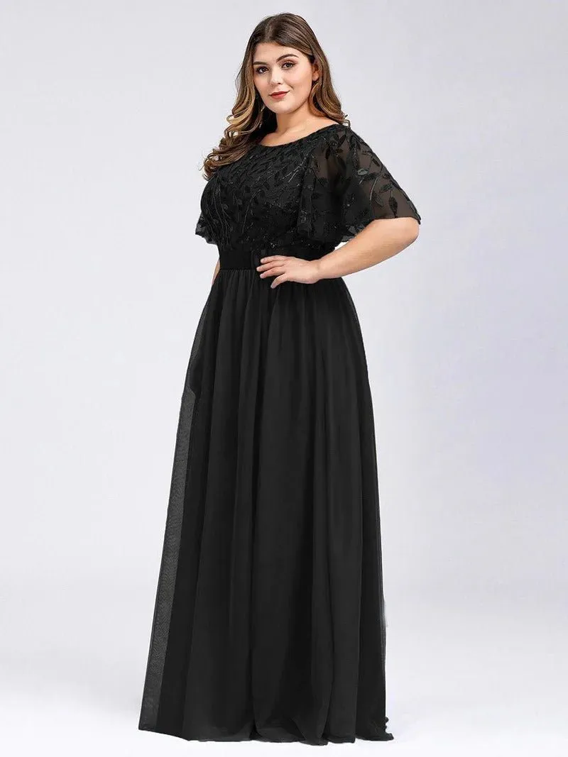 Sequin Print Plus Size Evening Dresses with Cap Sleeve