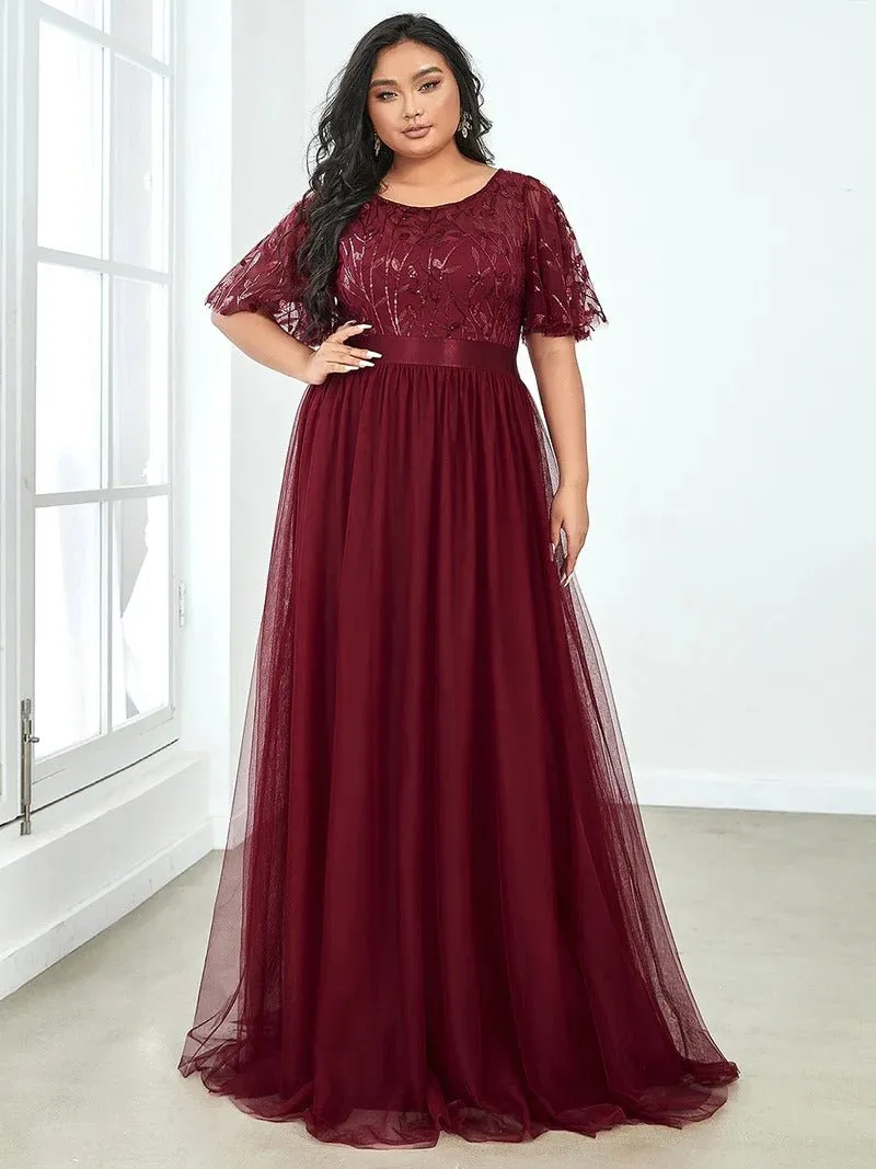 Sequin Print Plus Size Evening Dresses with Cap Sleeve