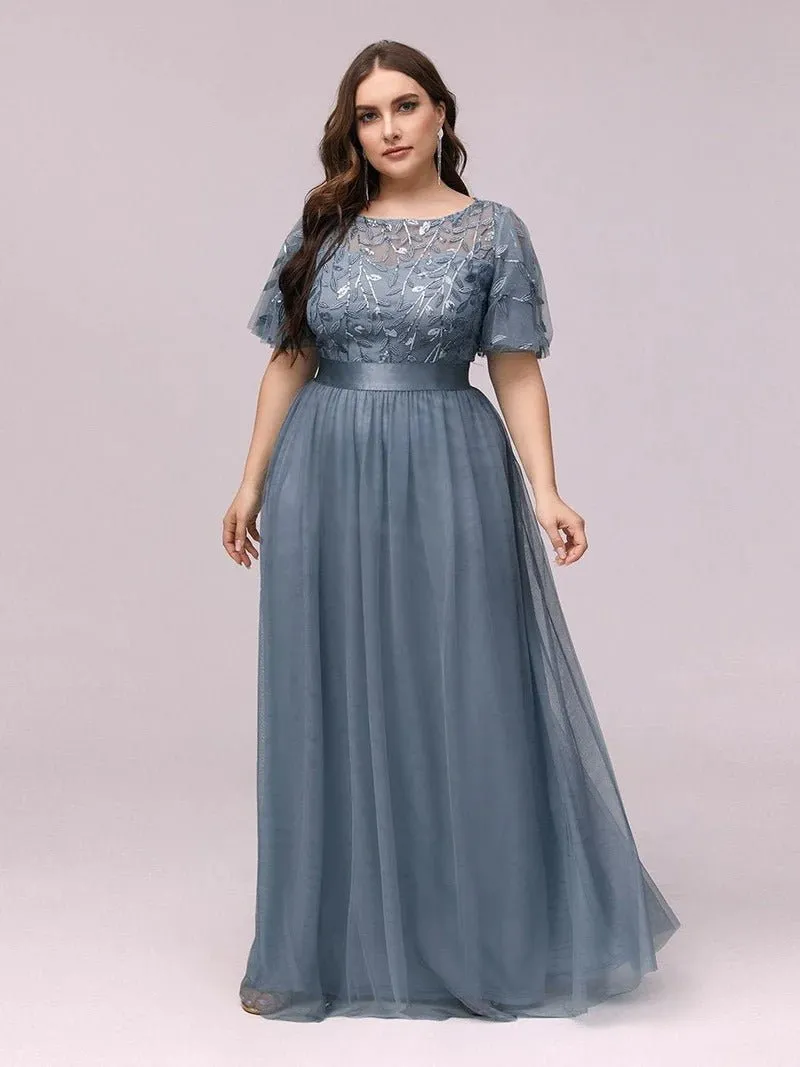 Sequin Print Plus Size Evening Dresses with Cap Sleeve