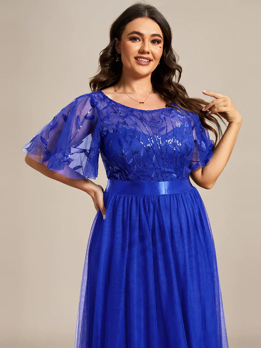 Sequin Print Plus Size Evening Dresses with Cap Sleeve