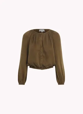 Shirred Button Front Blouse - Autumn Olive