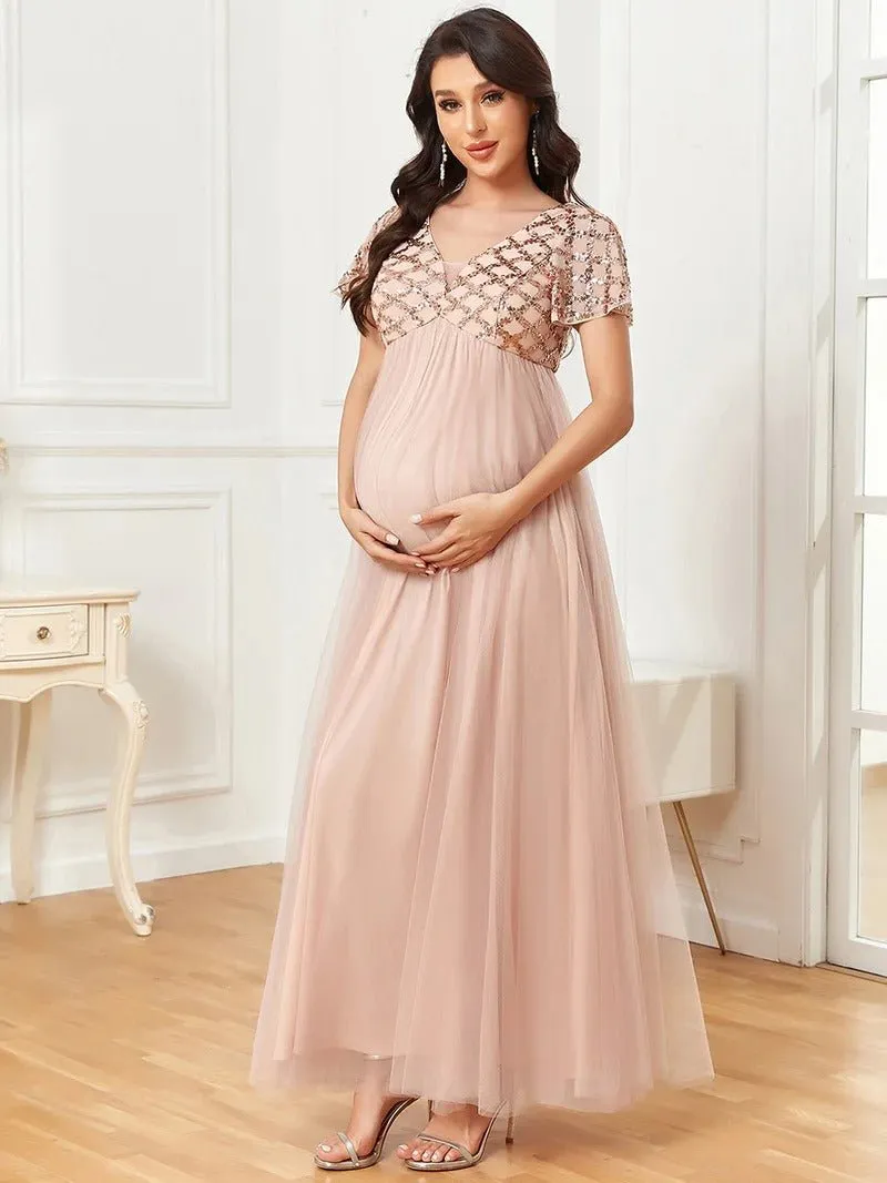 Short Ruffles Sleeves Deep V Neck A Line Maternity Dresses