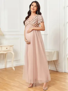 Short Ruffles Sleeves Deep V Neck A Line Maternity Dresses