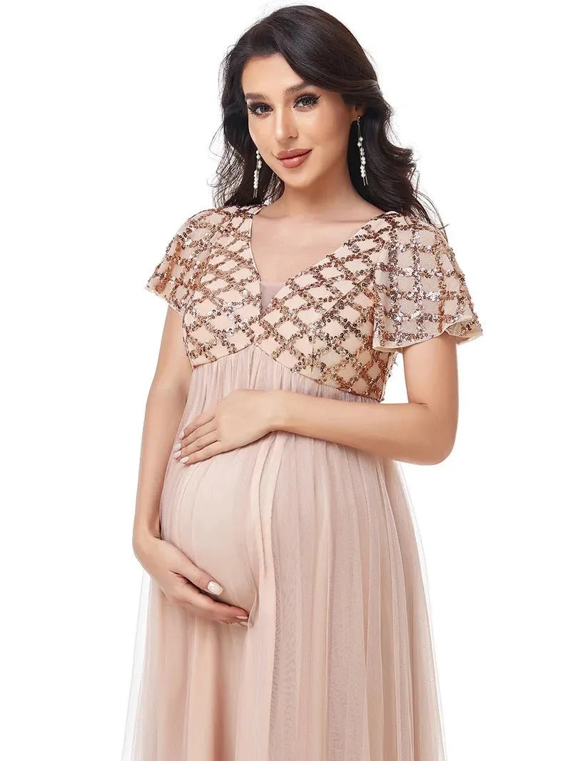 Short Ruffles Sleeves Deep V Neck A Line Maternity Dresses