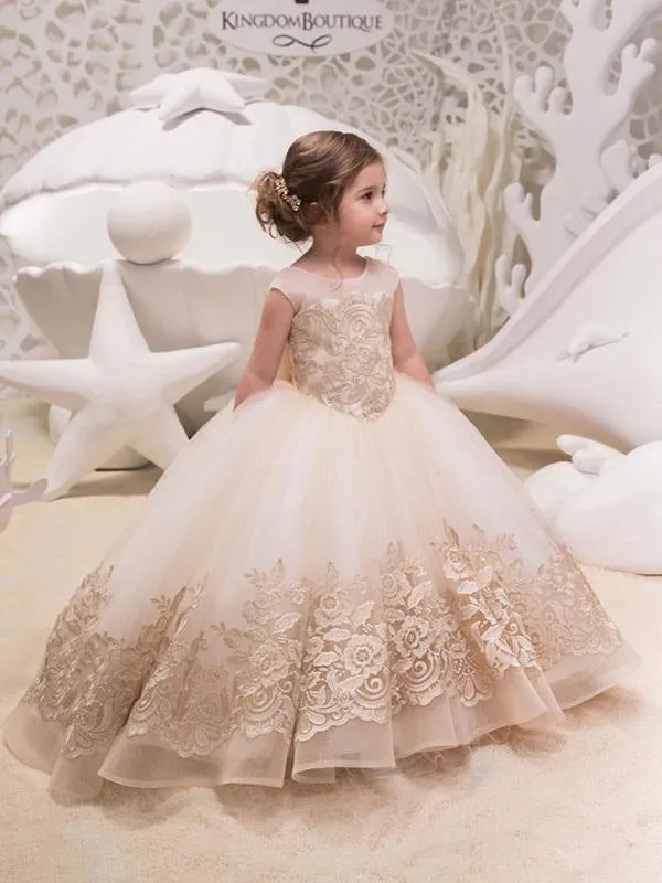 Sleeveless Flower Girl Dresses Jewel with Bows Tulle Floral Lace Kids Pageant Dresses