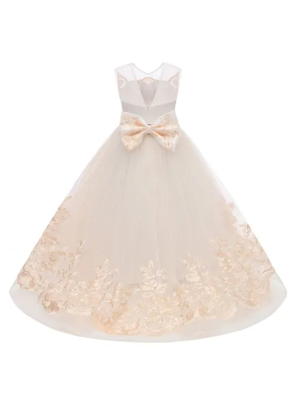 Sleeveless Flower Girl Dresses Jewel with Bows Tulle Floral Lace Kids Pageant Dresses