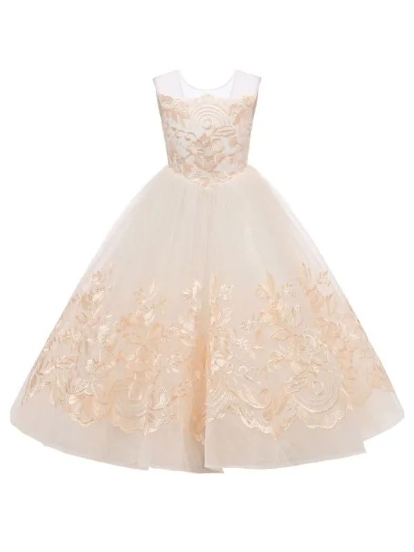 Sleeveless Flower Girl Dresses Jewel with Bows Tulle Floral Lace Kids Pageant Dresses