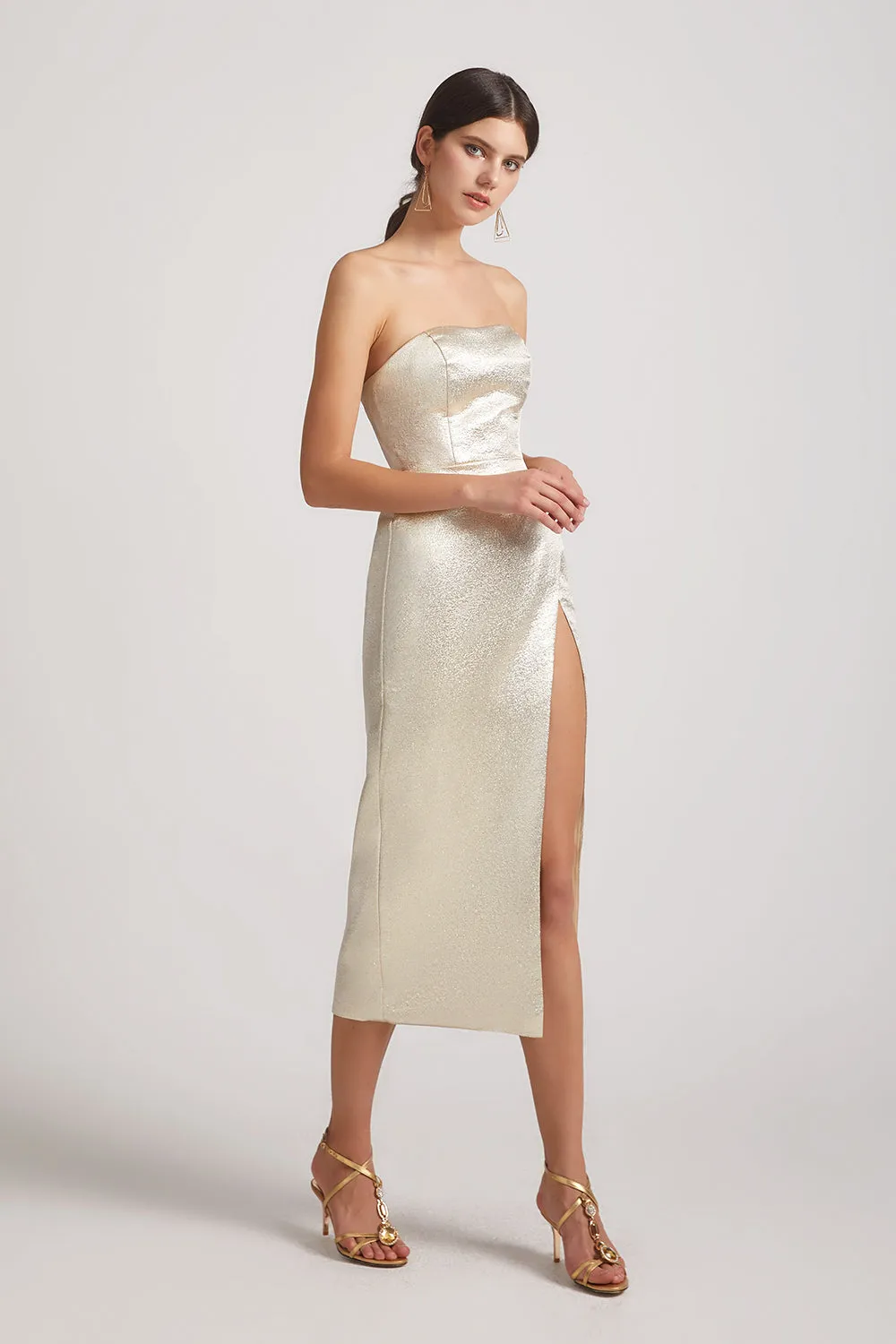 Strapless Metallic Thigh Slit Tea-Length Dresses (AF0132)