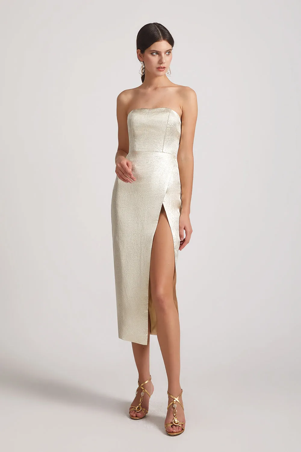 Strapless Metallic Thigh Slit Tea-Length Dresses (AF0132)