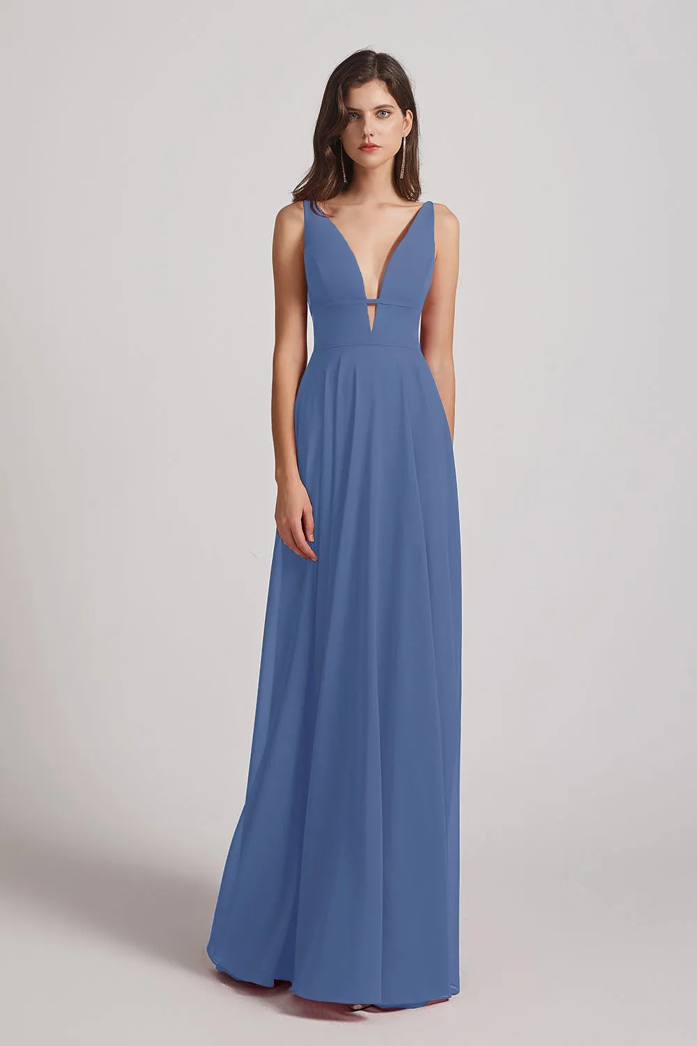 Straps Long Chiffon Plunging V-Neck Bridesmaid Dresses (AF0069)