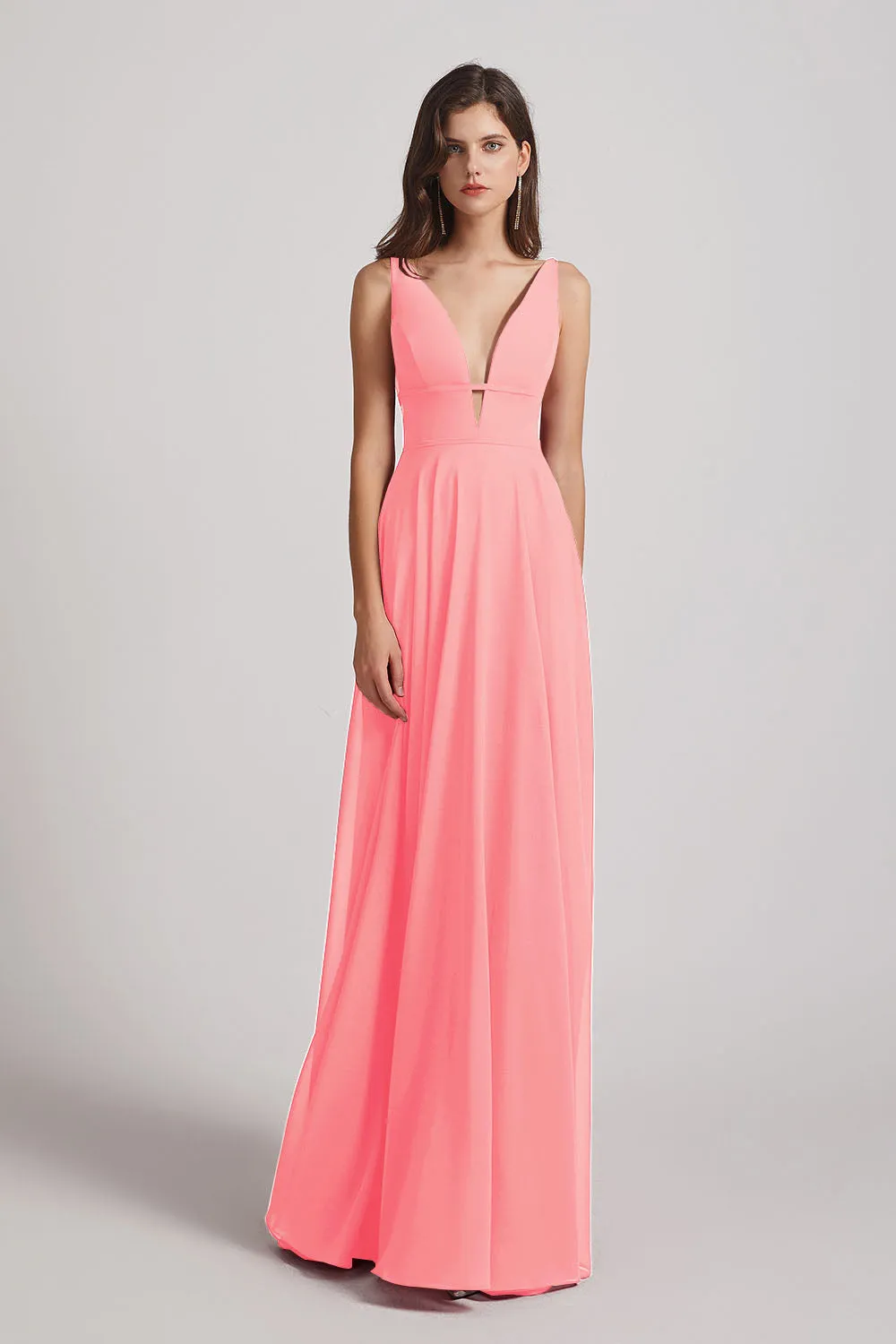 Straps Long Chiffon Plunging V-Neck Bridesmaid Dresses (AF0069)