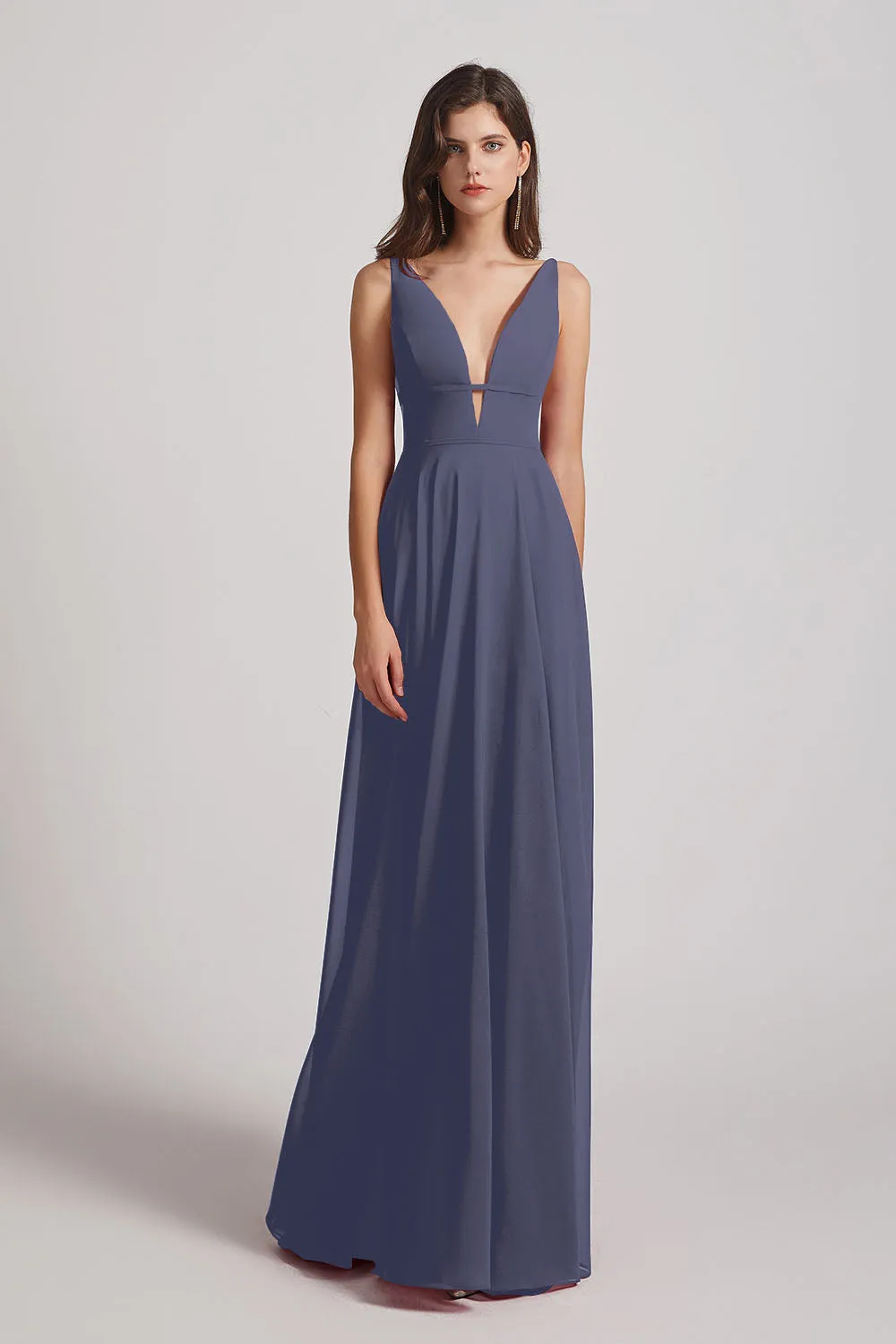 Straps Long Chiffon Plunging V-Neck Bridesmaid Dresses (AF0069)