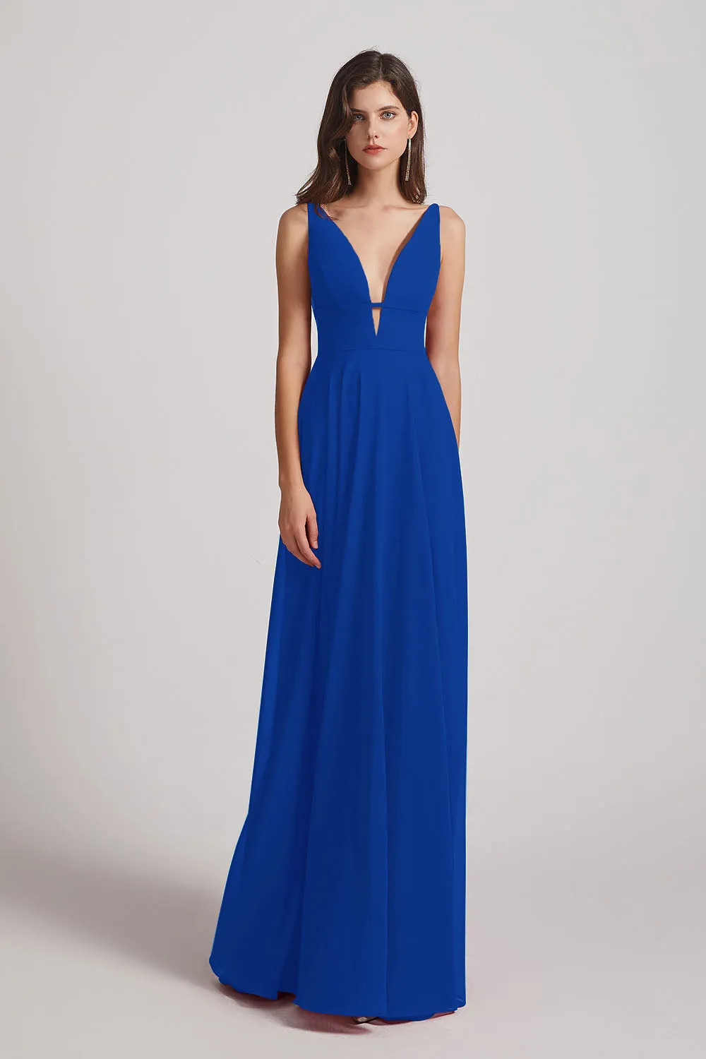 Straps Long Chiffon Plunging V-Neck Bridesmaid Dresses (AF0069)