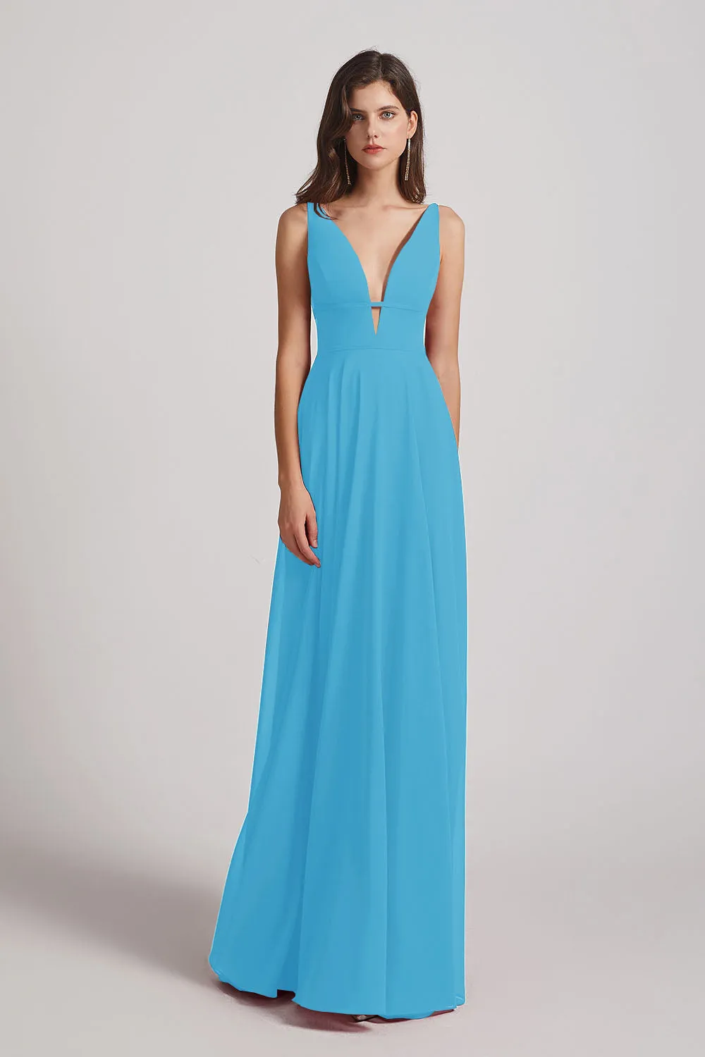 Straps Long Chiffon Plunging V-Neck Bridesmaid Dresses (AF0069)