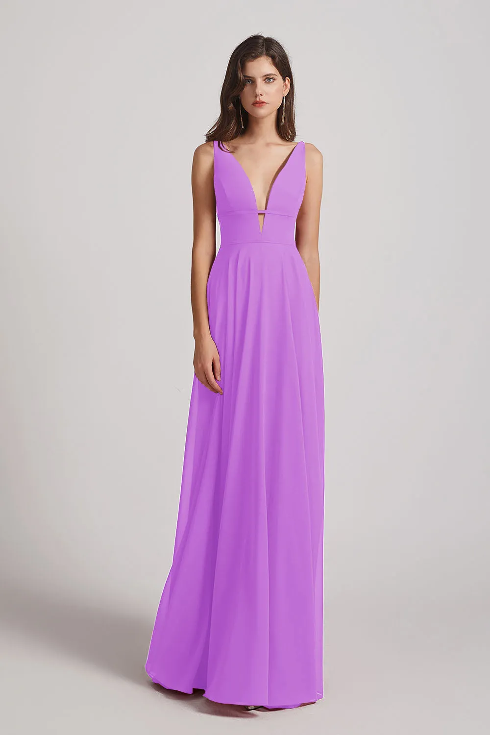 Straps Long Chiffon Plunging V-Neck Bridesmaid Dresses (AF0069)