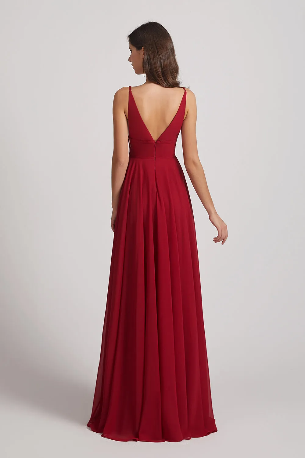 Straps Long Chiffon Plunging V-Neck Bridesmaid Dresses (AF0069)