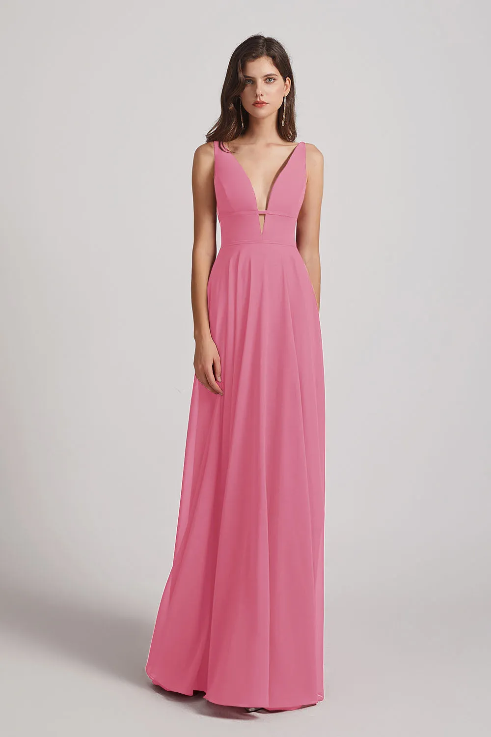 Straps Long Chiffon Plunging V-Neck Bridesmaid Dresses (AF0069)