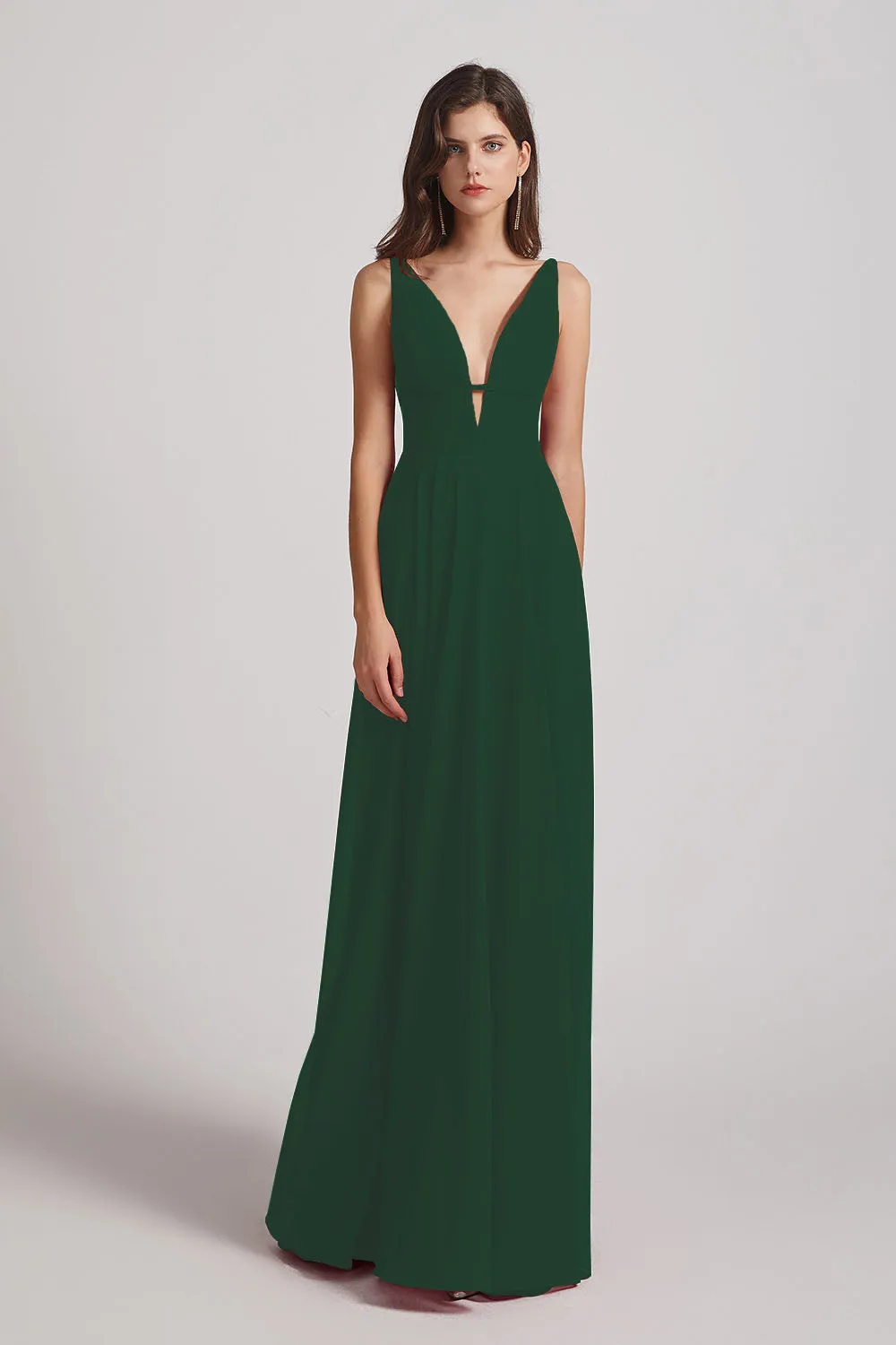 Straps Long Chiffon Plunging V-Neck Bridesmaid Dresses (AF0069)