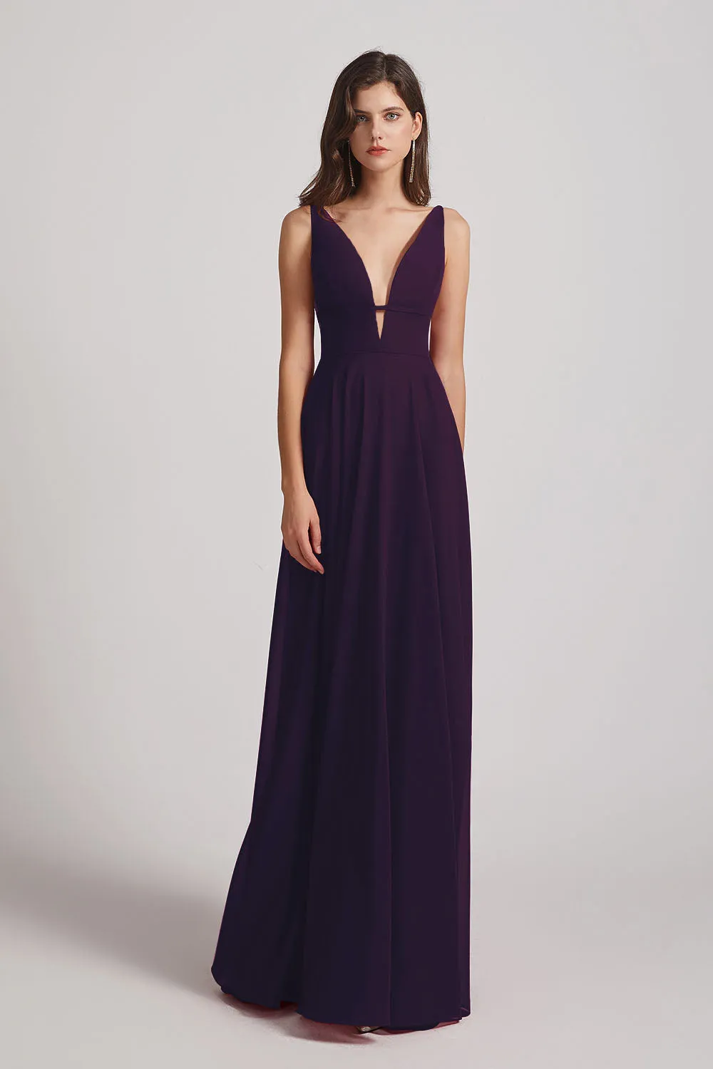 Straps Long Chiffon Plunging V-Neck Bridesmaid Dresses (AF0069)