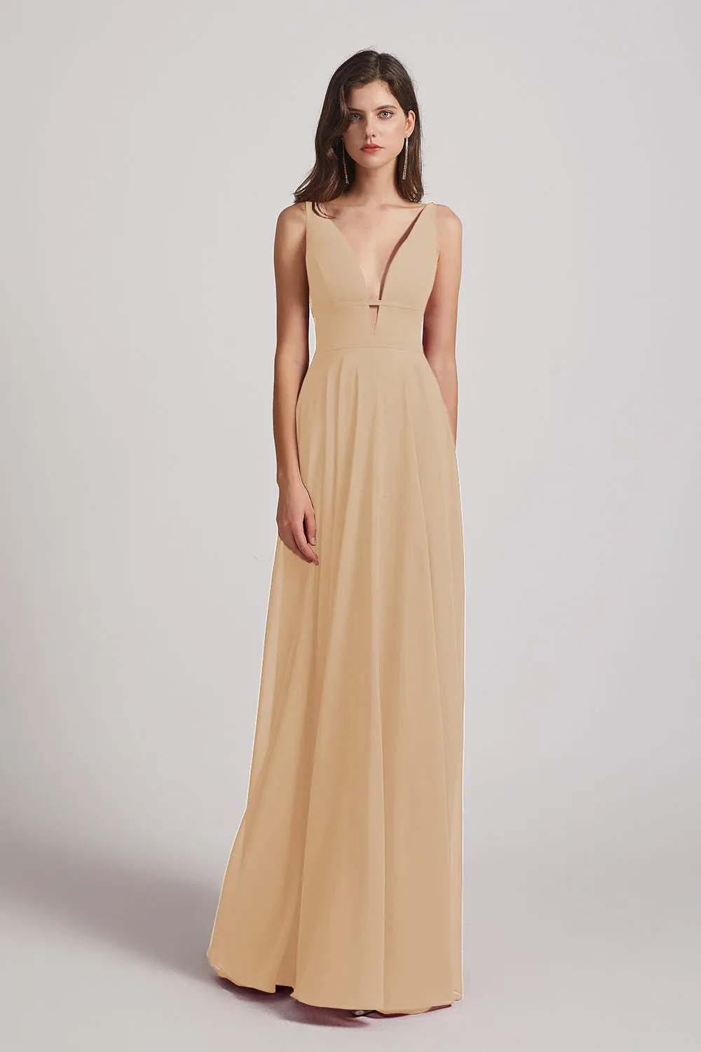 Straps Long Chiffon Plunging V-Neck Bridesmaid Dresses (AF0069)