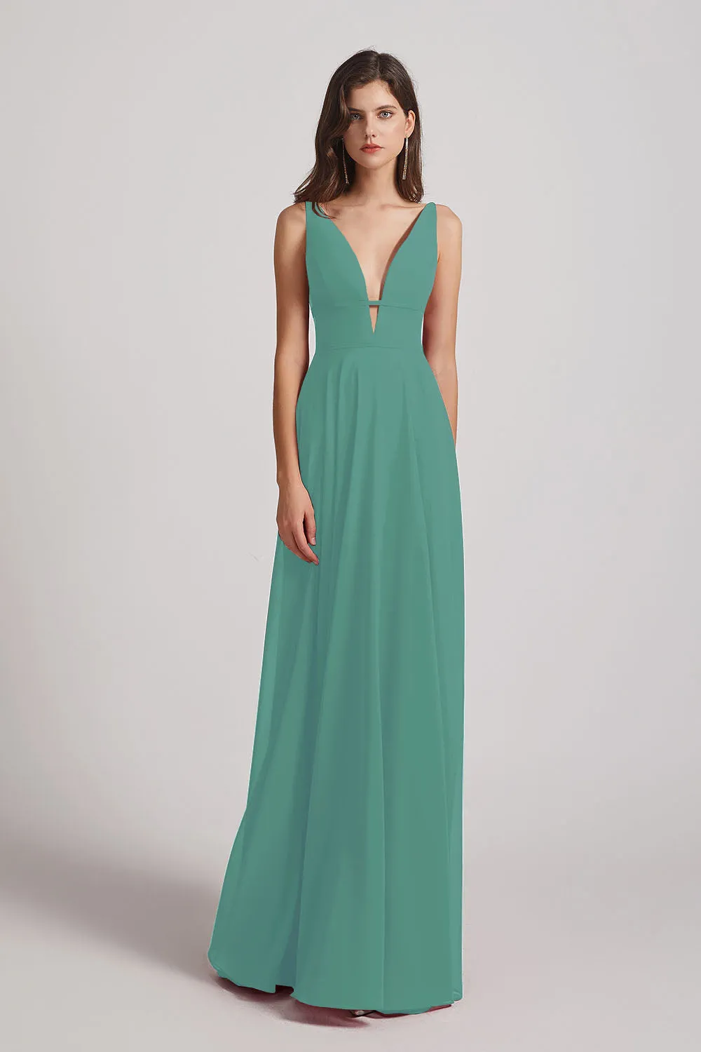 Straps Long Chiffon Plunging V-Neck Bridesmaid Dresses (AF0069)