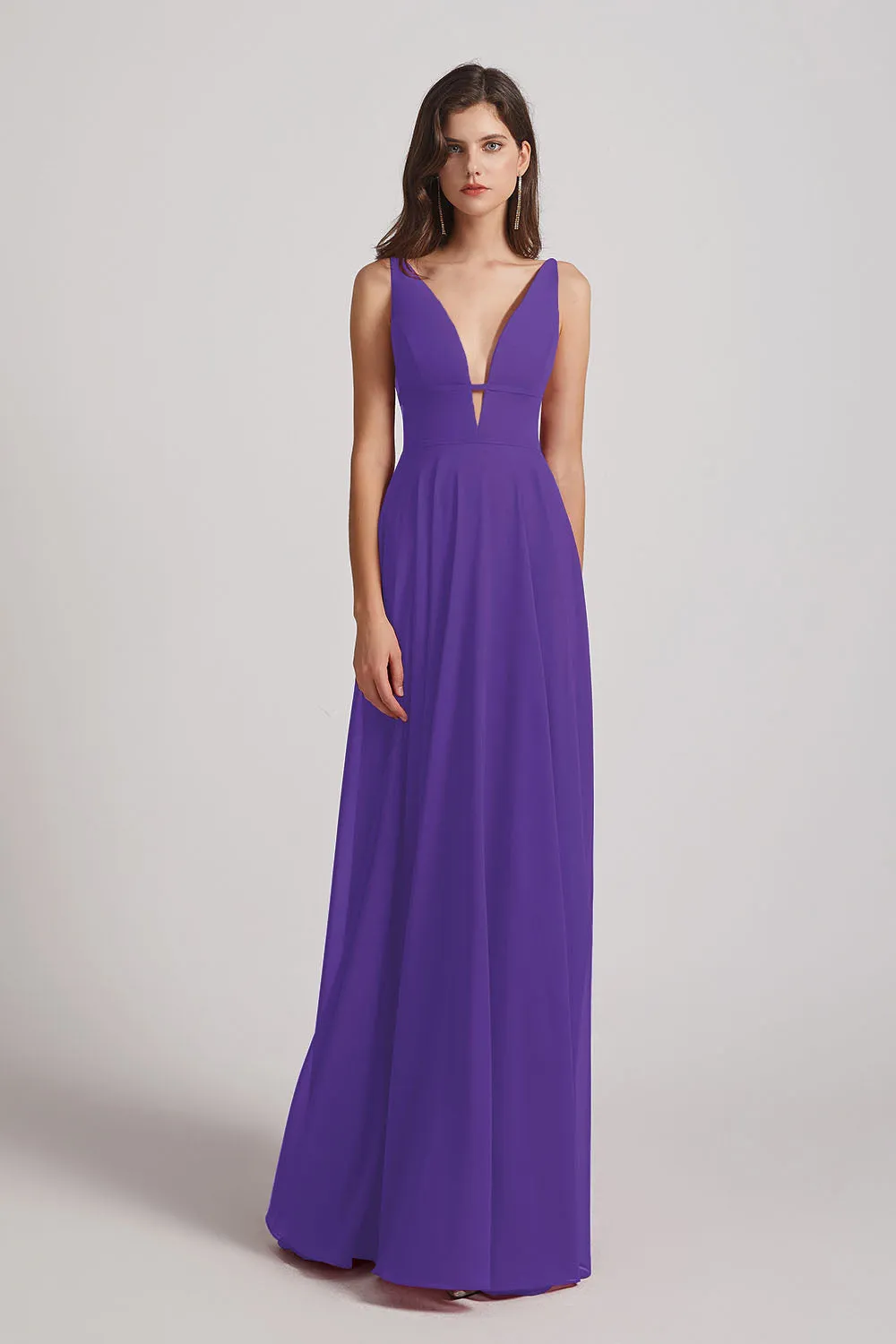 Straps Long Chiffon Plunging V-Neck Bridesmaid Dresses (AF0069)