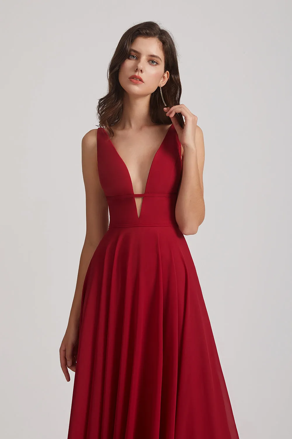 Straps Long Chiffon Plunging V-Neck Bridesmaid Dresses (AF0069)