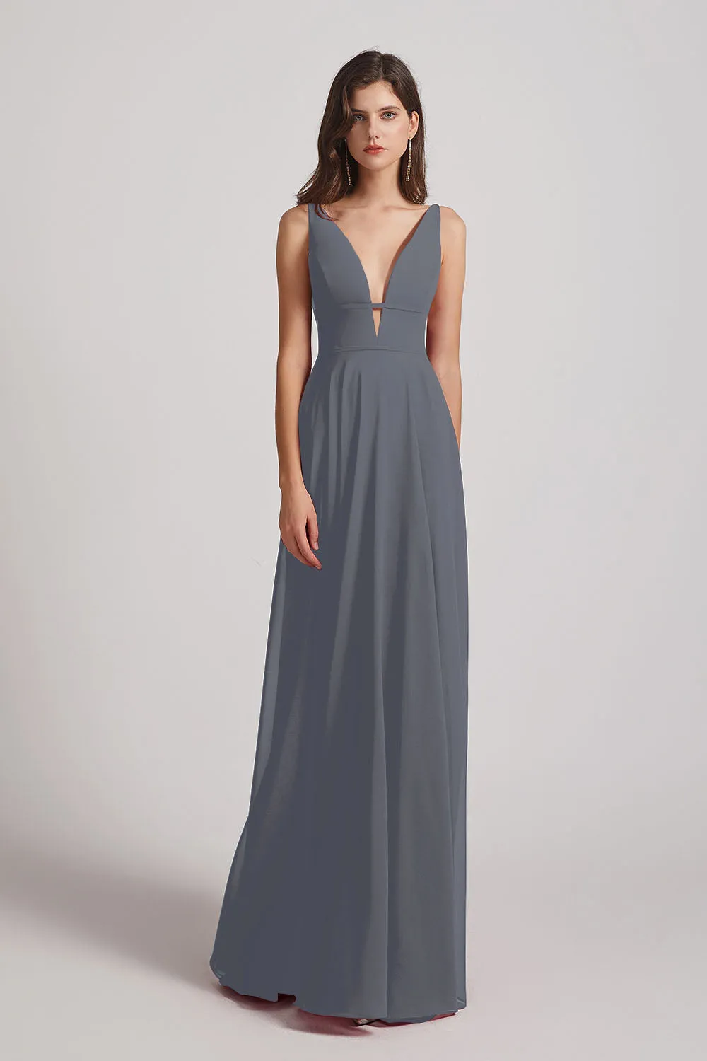 Straps Long Chiffon Plunging V-Neck Bridesmaid Dresses (AF0069)