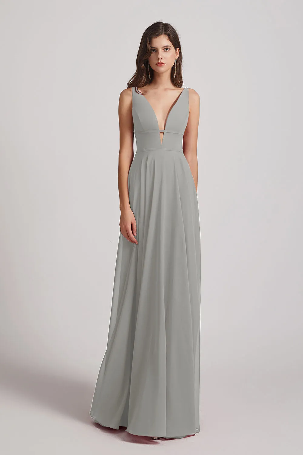 Straps Long Chiffon Plunging V-Neck Bridesmaid Dresses (AF0069)