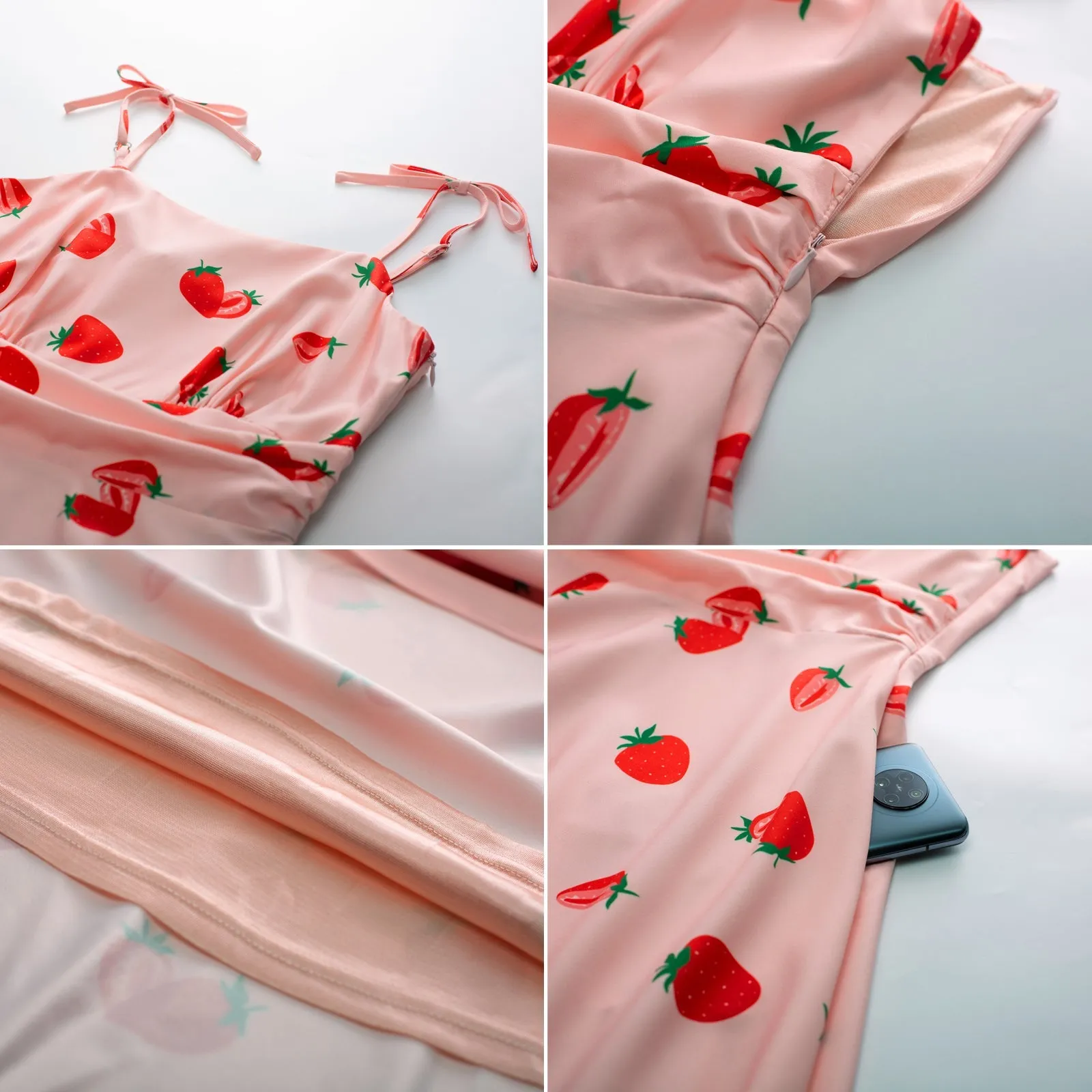 Summer Cherry Pattern Slip Dresses for Women Spaghetti Strap Midi Sun Dress Cute Casual Dress with Pockets