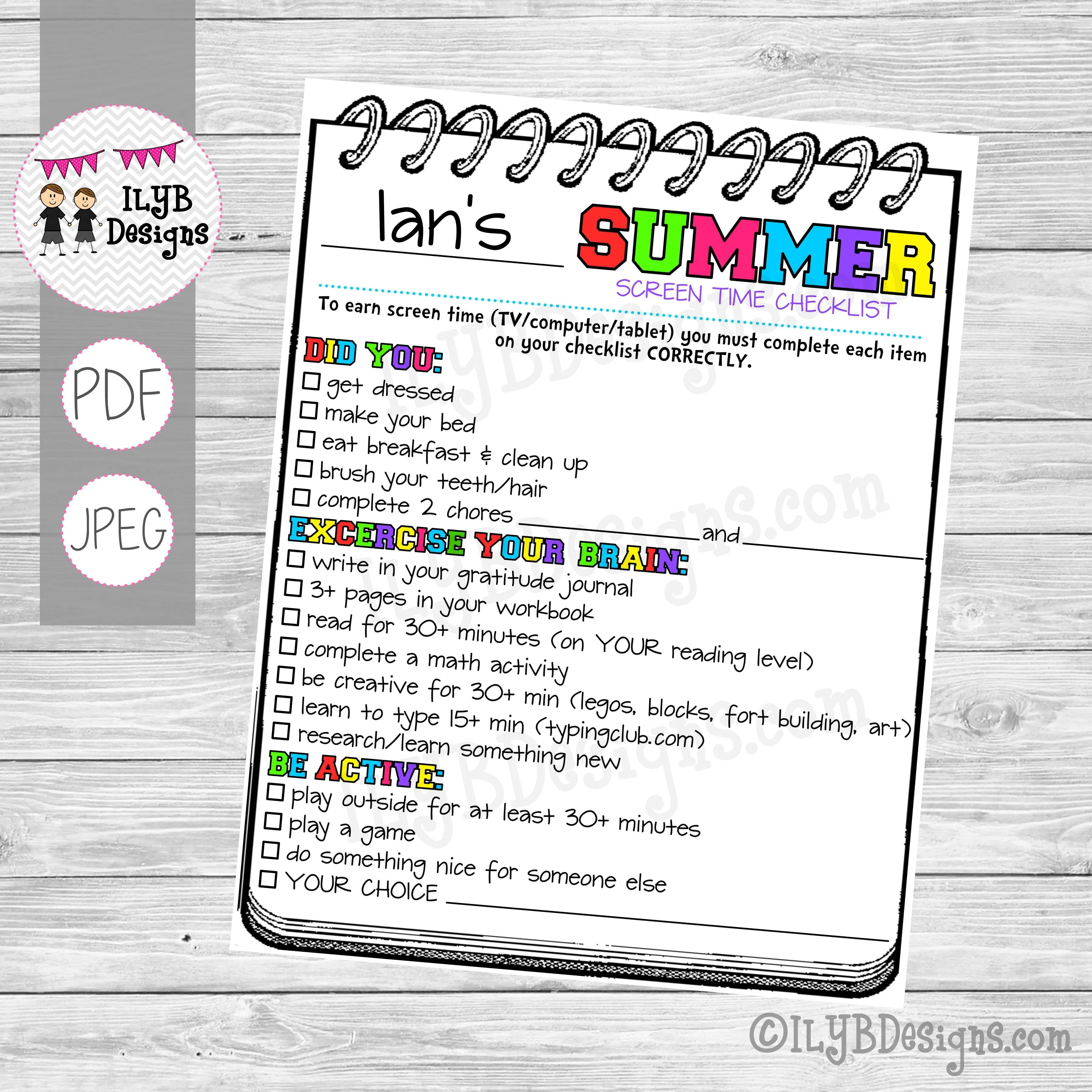 SUMMER SCREEN TIME CHECKLIST for older kids PDF, JPEG Printable Files - Summer Schedule - Summer Learning Checklist - Technology Chart