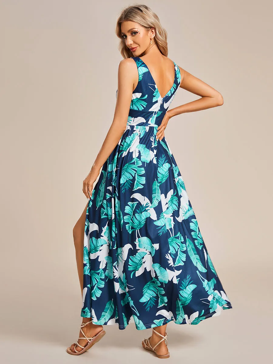 Tea Length Side Split Printed Wholesale Evening Dresses With Belt