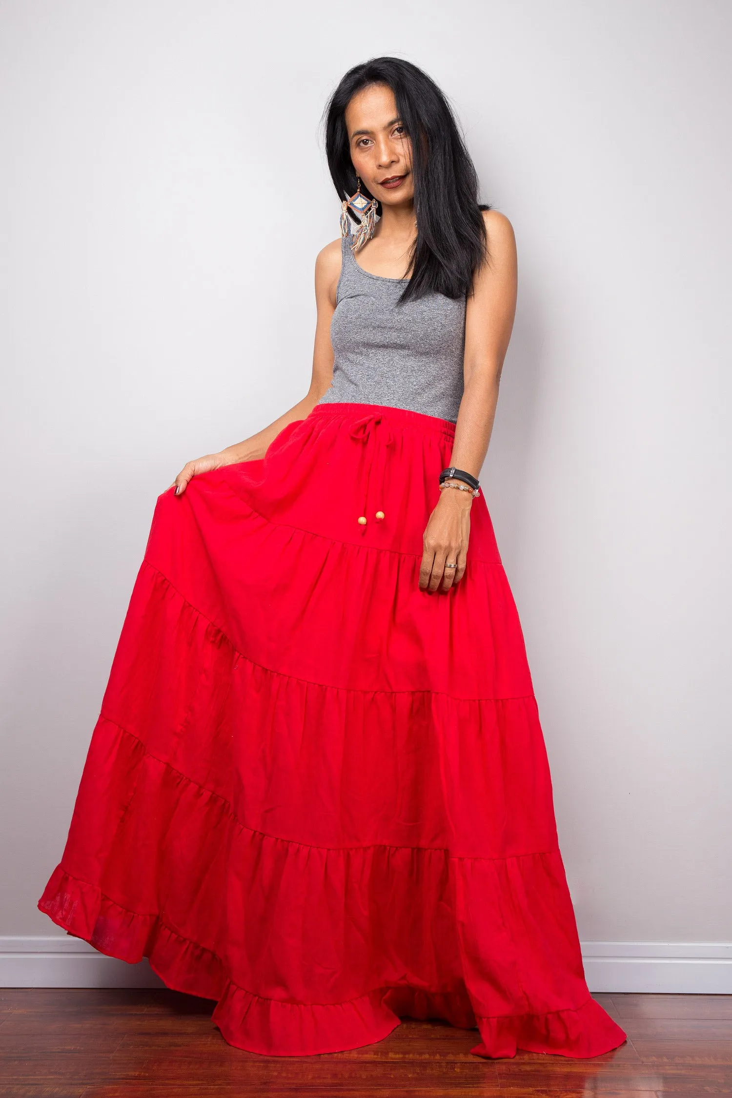 Tiered red peasant maxi skirt