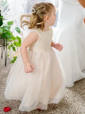 Tulle Champagne Flower Girl Dresses Crew Neck Sleeveless Knee Princess Silhouette Kids Sash Pageant Dresses