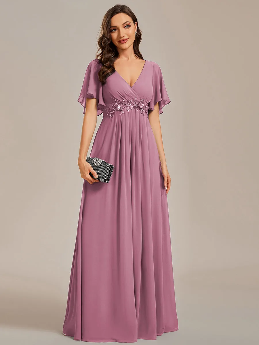 V Neck Appliques Pleated Wholesale Bridesmaid Dresses