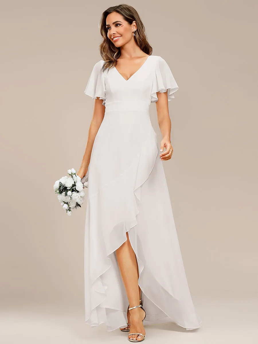 V Neck High Low Ruffles Chiffon Wholesale Bridesmaid Dresses