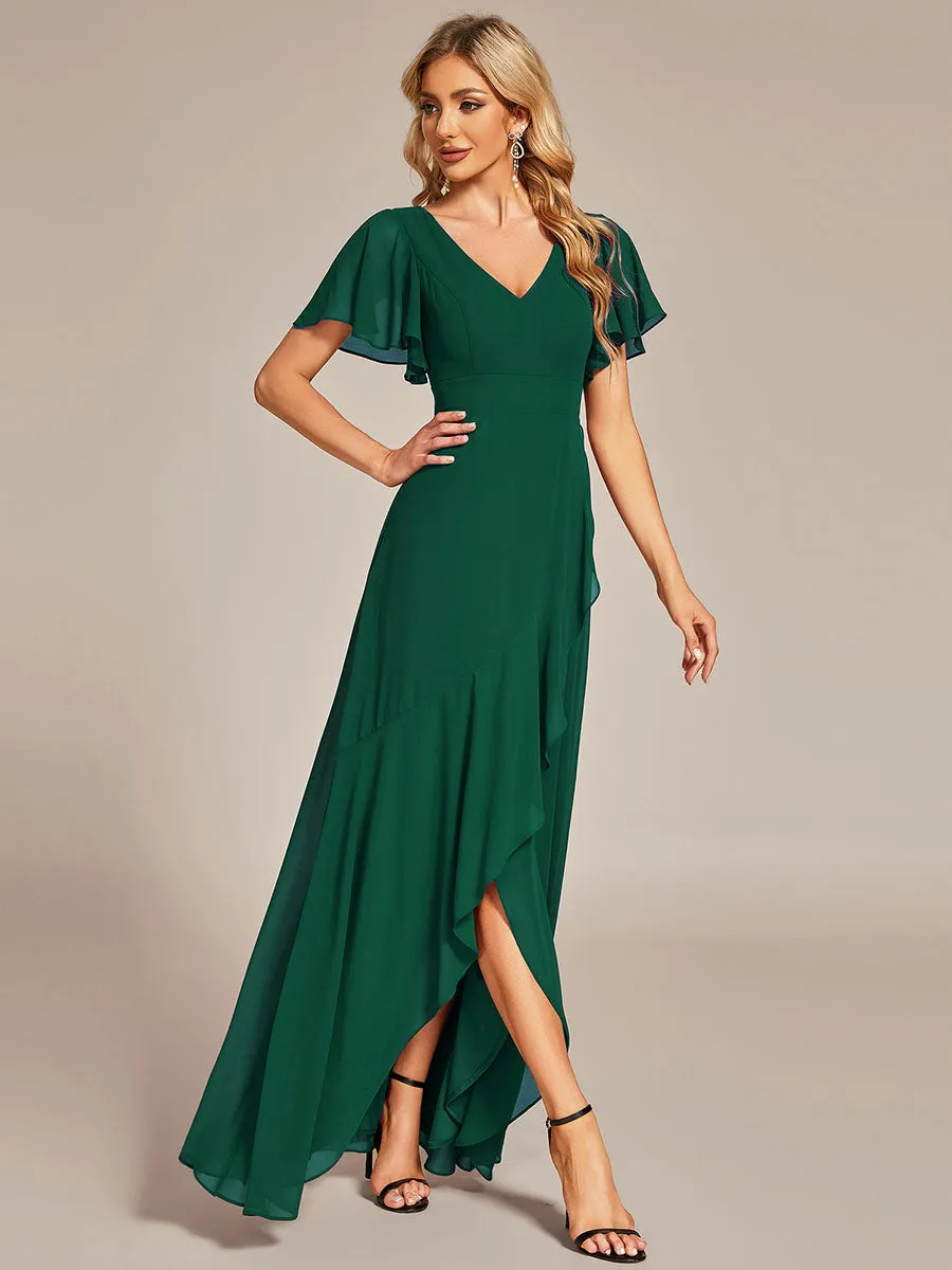 V Neck High Low Ruffles Chiffon Wholesale Bridesmaid Dresses