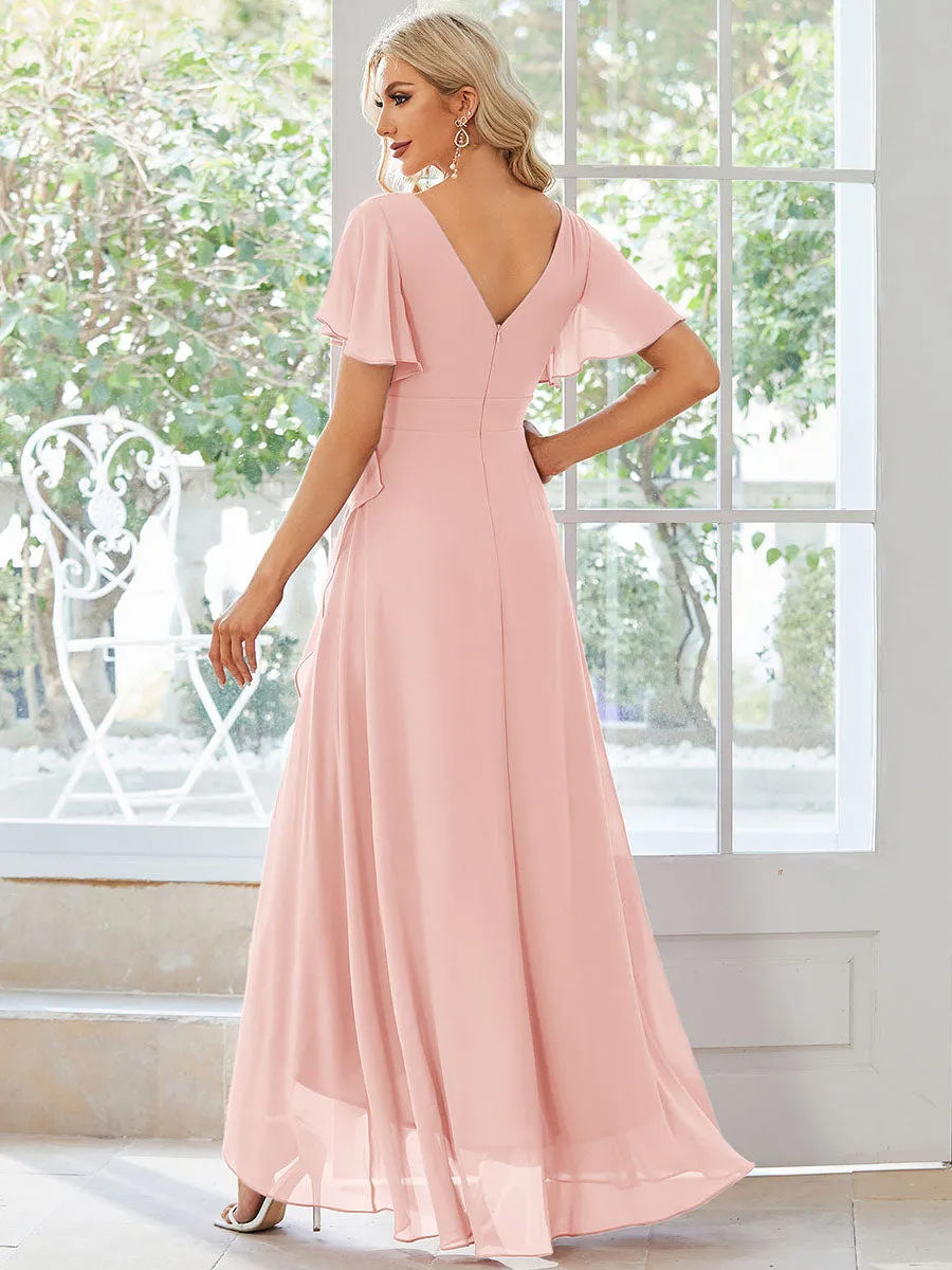 V Neck High Low Ruffles Chiffon Wholesale Bridesmaid Dresses