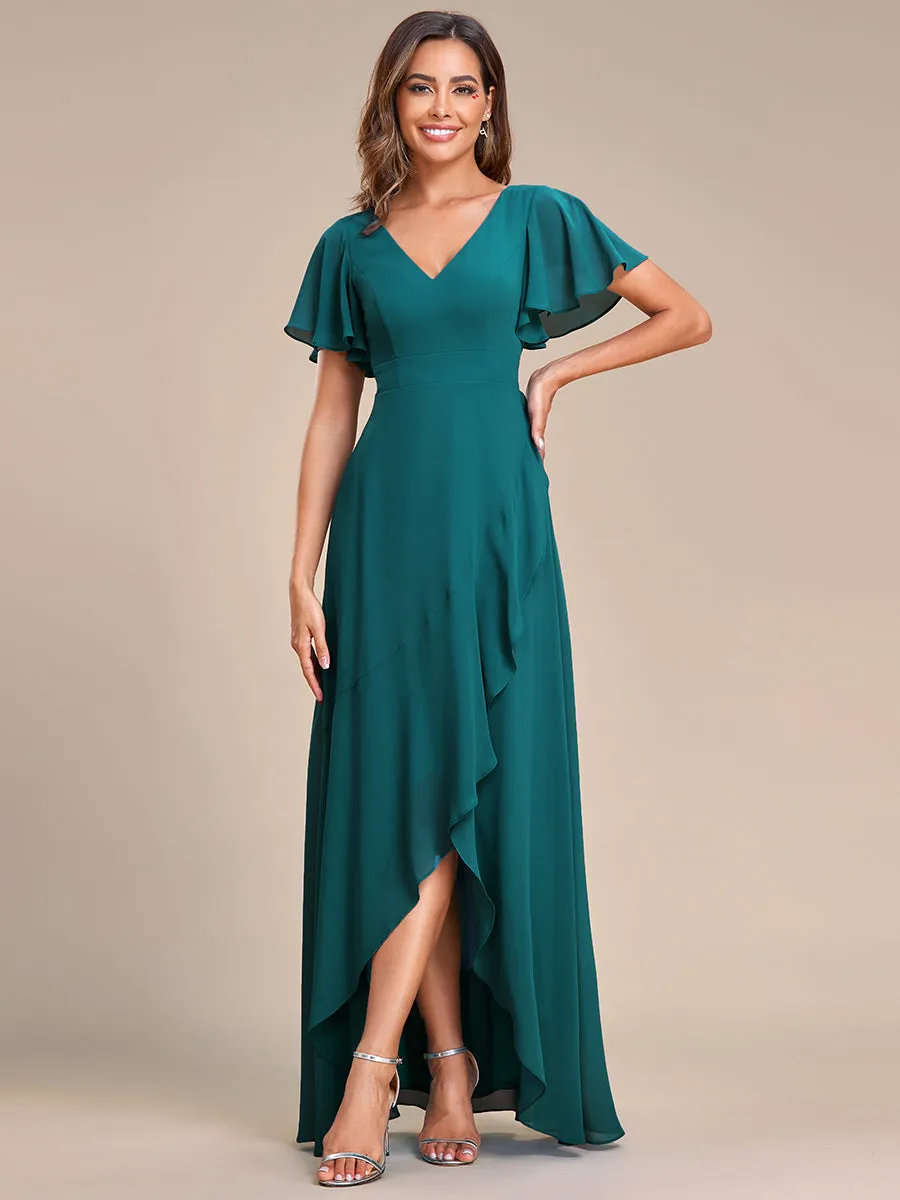 V Neck High Low Ruffles Chiffon Wholesale Bridesmaid Dresses