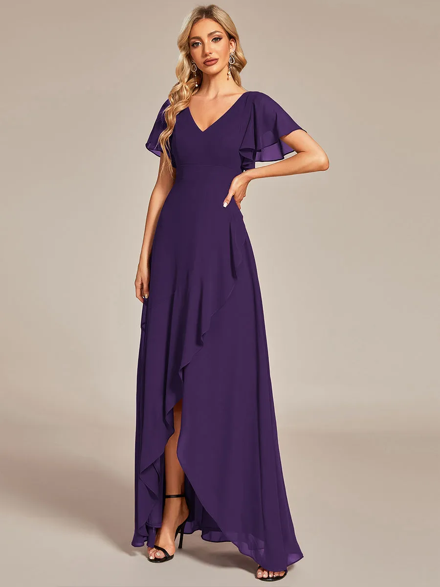 V Neck High Low Ruffles Chiffon Wholesale Bridesmaid Dresses