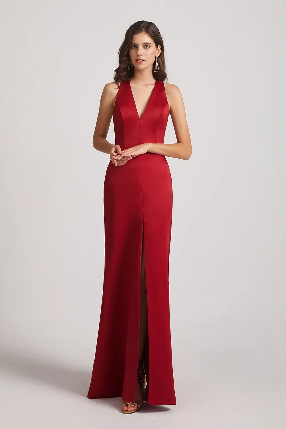 V-Neck Straps Front Split Long Satin Bridesmaid Dresses (AF0167)