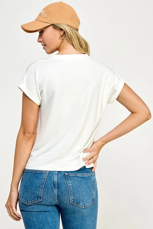 V Neck Tee Top - Off White