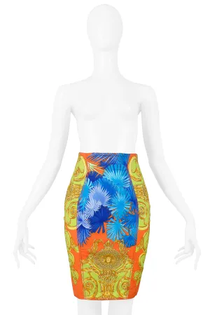 VERSACE MULTICOLOR PALM PRINT COTTON PENCIL SKIRT 1990S