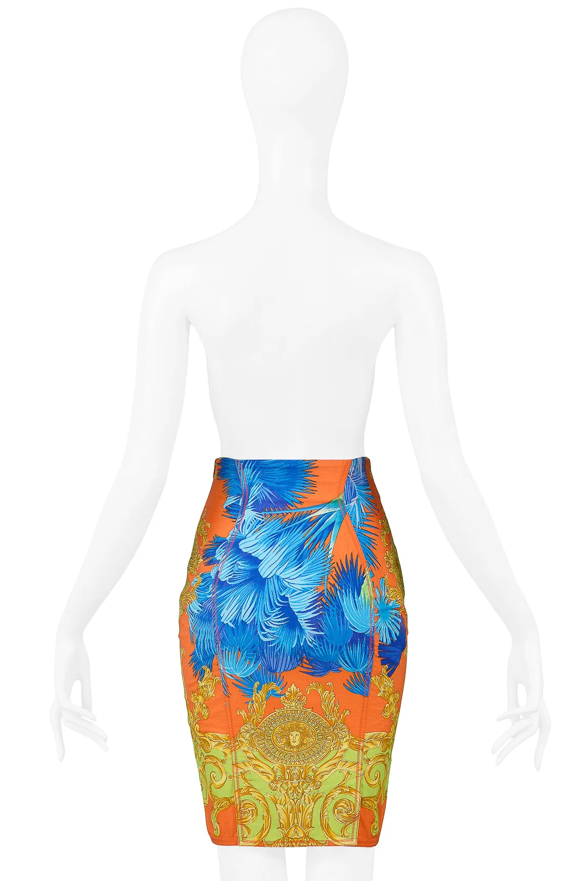 VERSACE MULTICOLOR PALM PRINT COTTON PENCIL SKIRT 1990S