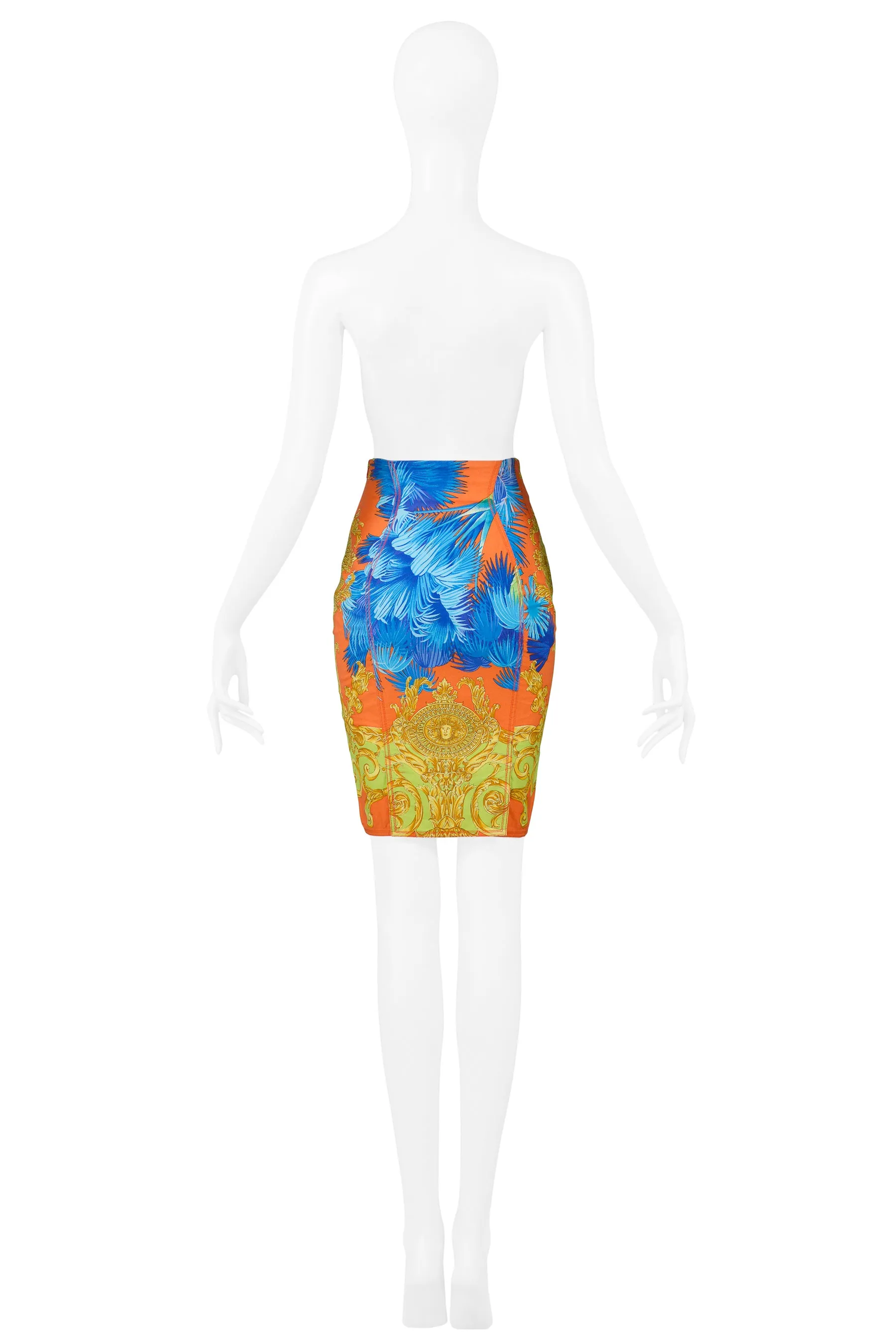 VERSACE MULTICOLOR PALM PRINT COTTON PENCIL SKIRT 1990S