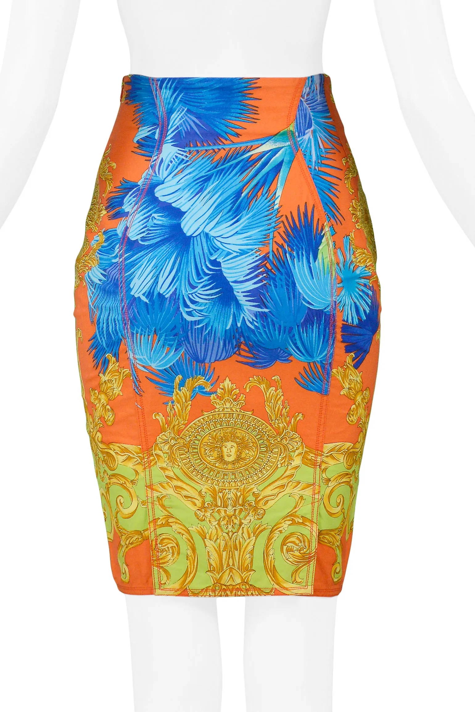 VERSACE MULTICOLOR PALM PRINT COTTON PENCIL SKIRT 1990S