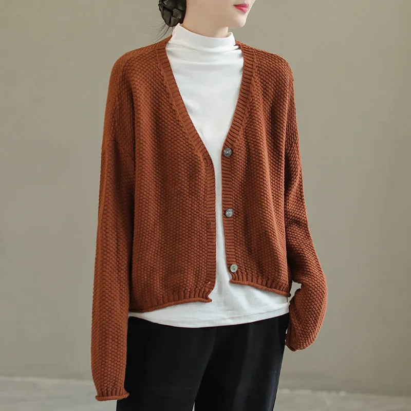 Women Autumn Solid V-Neck Cotton Knitted Cardigan