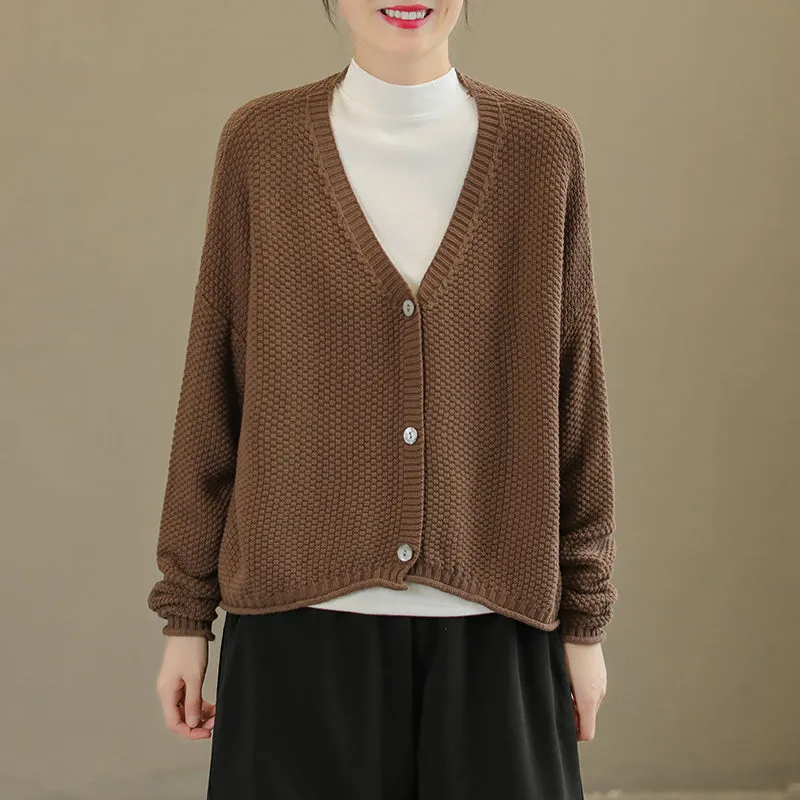 Women Autumn Solid V-Neck Cotton Knitted Cardigan